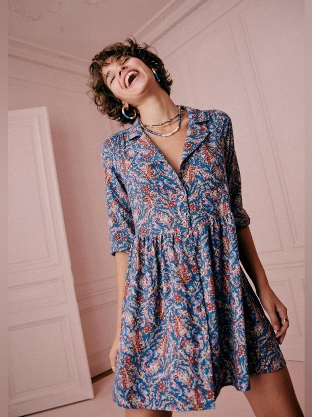 NWT Sezane Robe Aurora Mini Shirt Dress in Ranch Marine, Sz EU 36 US 4
